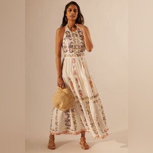 By Anthropologie Medallion embroided Halter Maxi Dress